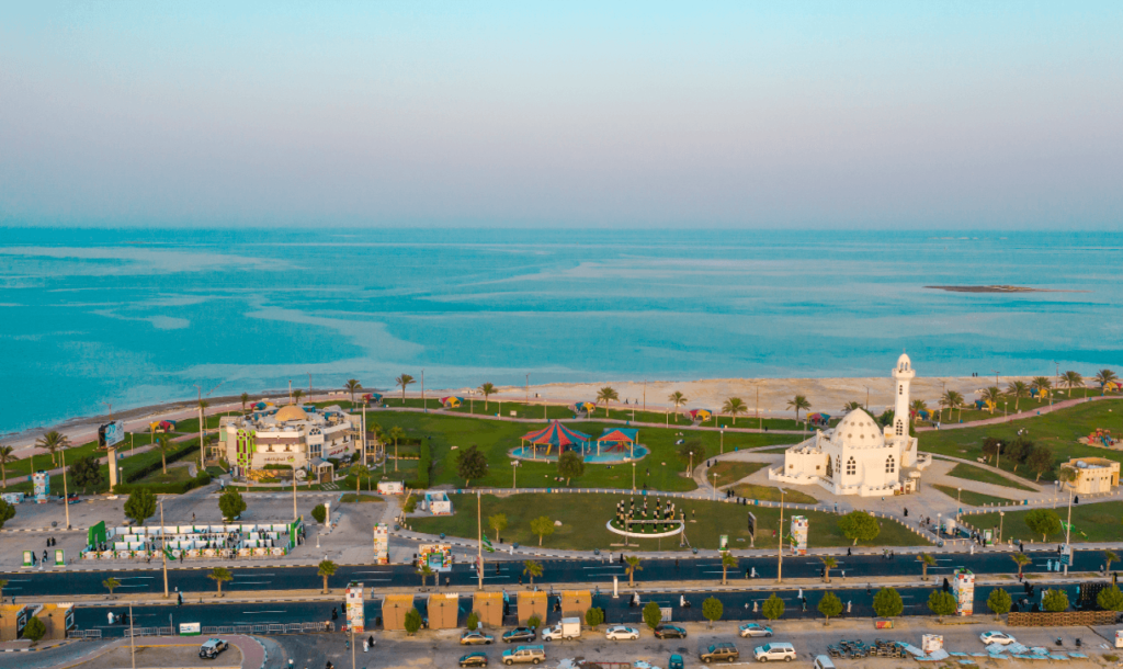 the Al Khobar beachfront with the Hariri mosque and the Fish Market restaurant in the foreground